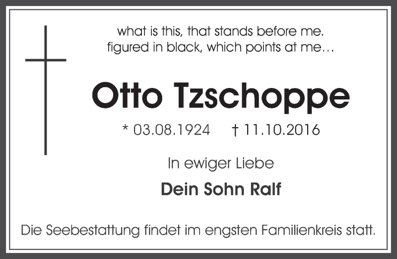  Traueranzeige für Otto Tzschoppe vom 19.10.2016 aus  Werbepost 
