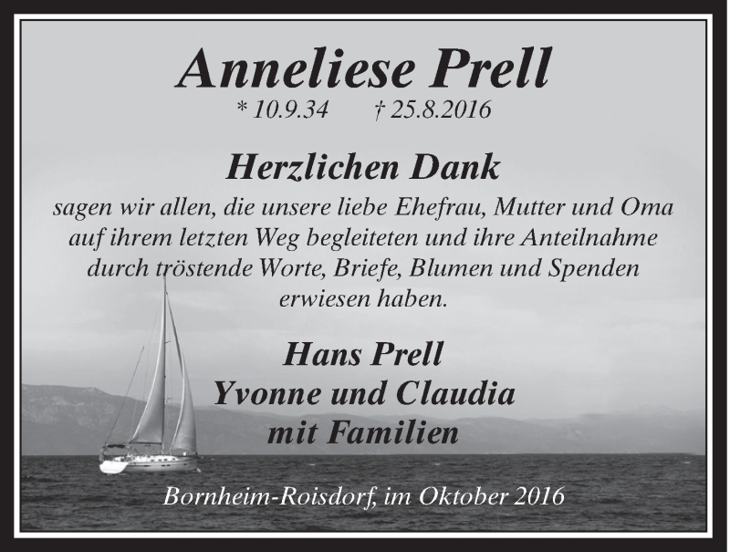  Traueranzeige für Anneliese Prell vom 12.10.2016 aus  Schaufenster/Blickpunkt 