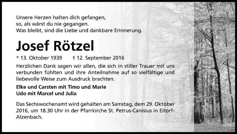  Traueranzeige für Josef Rötzel vom 22.10.2016 aus Kölner Stadt-Anzeiger / Kölnische Rundschau / Express
