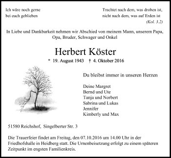 Anzeige von Herbert Köster von Kölner Stadt-Anzeiger / Kölnische Rundschau / Express
