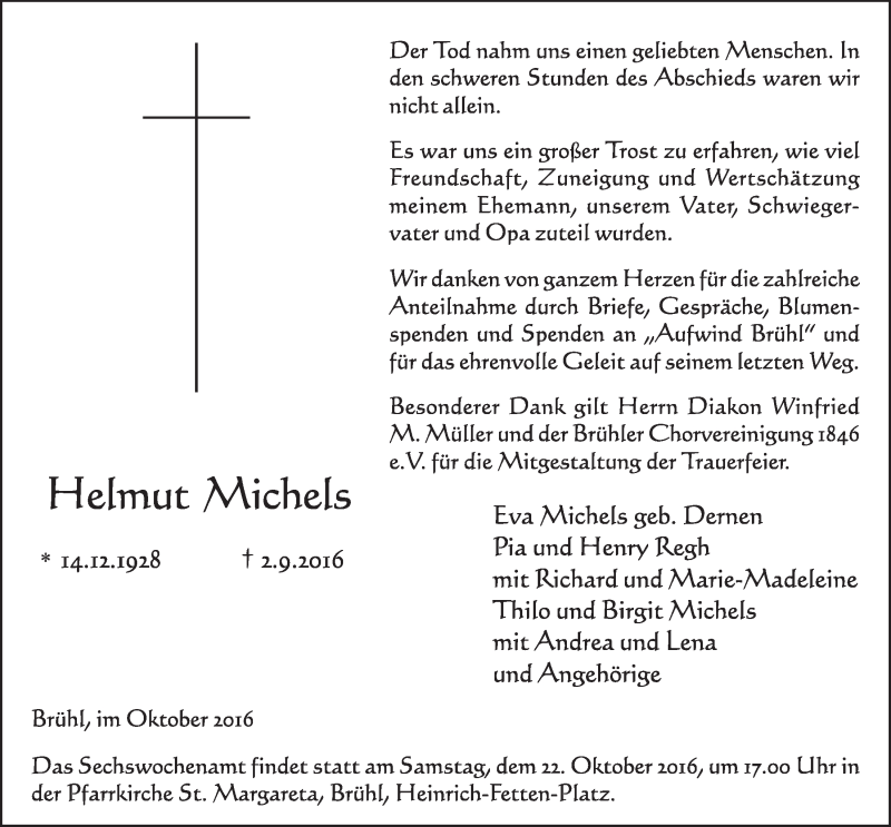 Traueranzeige für Helmut Michels vom 12.10.2016 aus  Schlossbote/Werbekurier 