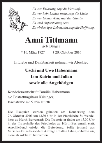 Anzeige von Anni Tittmann von  Wochenende 