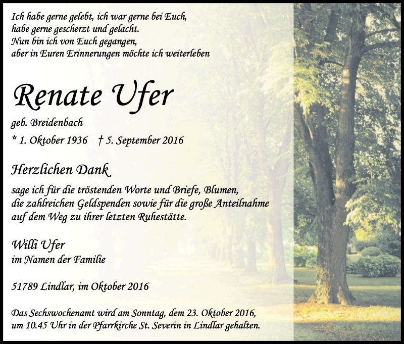  Traueranzeige für Renate Ufer vom 15.10.2016 aus Kölner Stadt-Anzeiger / Kölnische Rundschau / Express