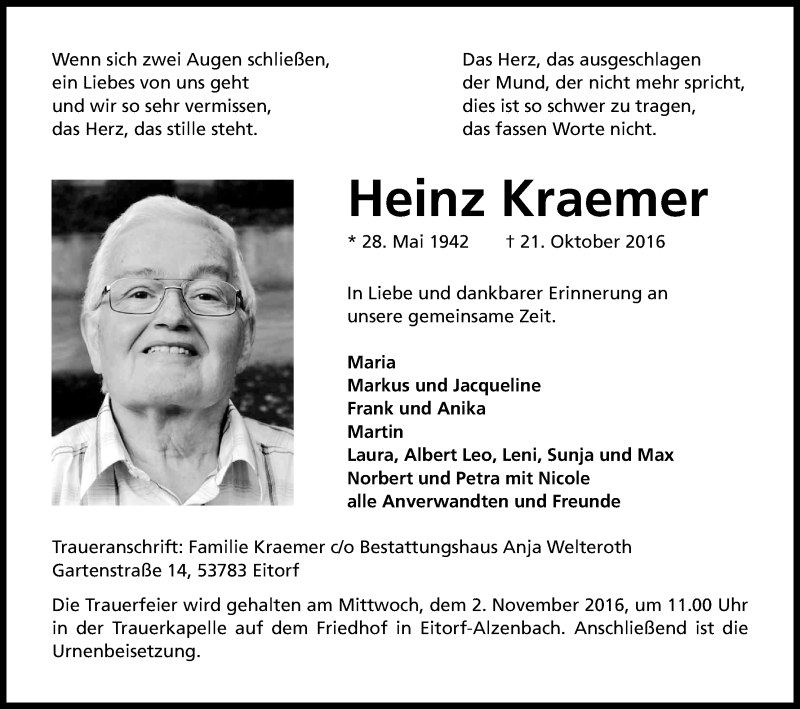  Traueranzeige für Heinz Kraemer vom 29.10.2016 aus Kölner Stadt-Anzeiger / Kölnische Rundschau / Express