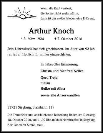 Anzeige von Arthur Knoch von Kölner Stadt-Anzeiger / Kölnische Rundschau / Express
