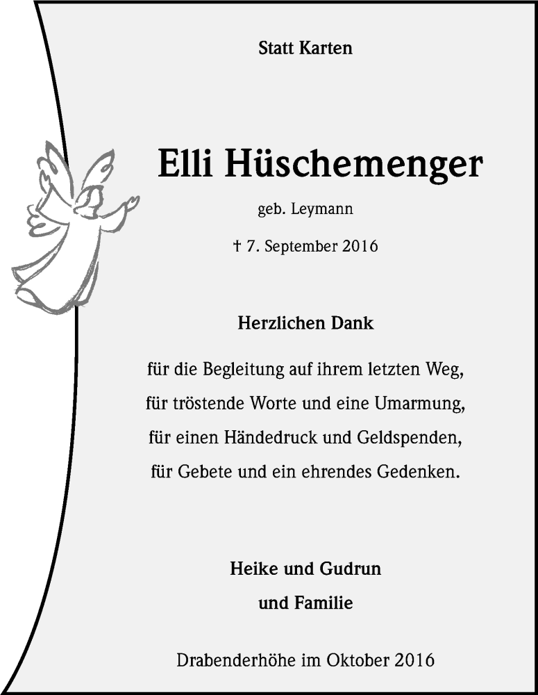  Traueranzeige für Elli Hüschemenger vom 15.10.2016 aus Kölner Stadt-Anzeiger / Kölnische Rundschau / Express