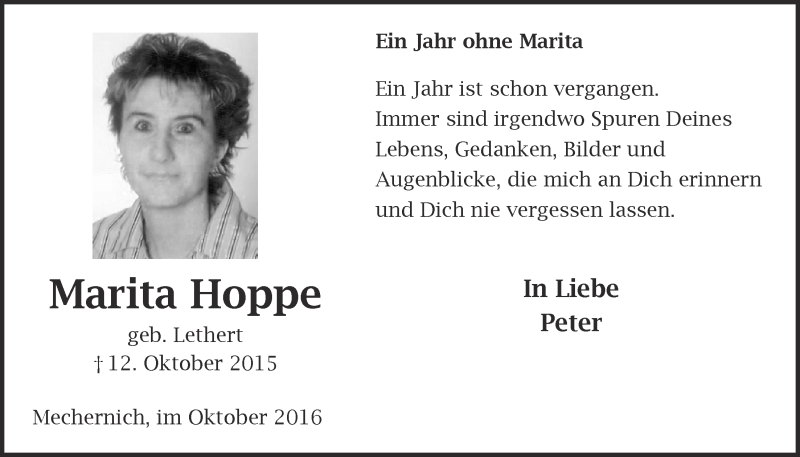  Traueranzeige für Marita Hoppe vom 15.10.2016 aus  Blickpunkt Euskirchen 