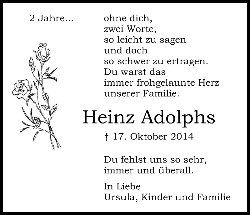  Traueranzeige für Heinz Adolphs vom 17.10.2016 aus Kölner Stadt-Anzeiger / Kölnische Rundschau / Express