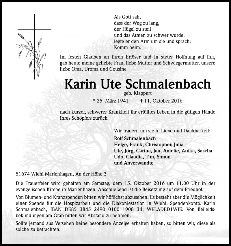  Traueranzeige für Karin Ute Schmalenbach vom 14.10.2016 aus Kölner Stadt-Anzeiger / Kölnische Rundschau / Express