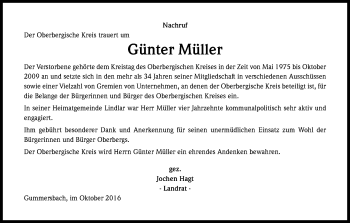 Anzeige von Günter Müller von Kölner Stadt-Anzeiger / Kölnische Rundschau / Express