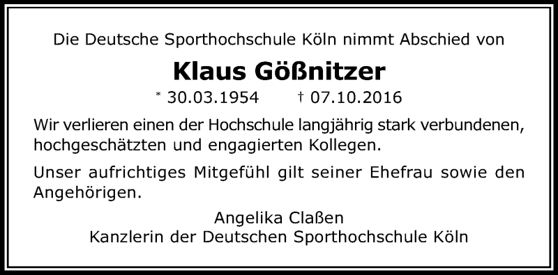  Traueranzeige für Klaus Gößnitzer vom 15.10.2016 aus Kölner Stadt-Anzeiger / Kölnische Rundschau / Express