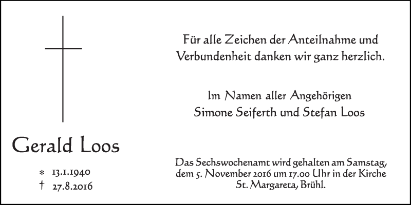  Traueranzeige für Gerald Loos vom 26.10.2016 aus  Schlossbote/Werbekurier  Werbepost 