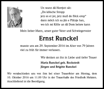 Anzeige von Ernst Runckel von Kölner Stadt-Anzeiger / Kölnische Rundschau / Express