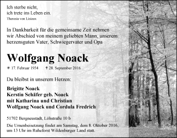 Anzeige von Wolfgang Noack von  Anzeigen Echo 