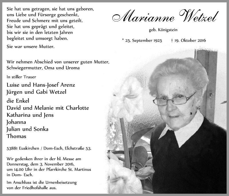  Traueranzeige für Marianne Wetzel vom 29.10.2016 aus  Blickpunkt Euskirchen 