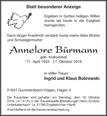 Anzeige von Annelore Bürmann von  Anzeigen Echo 