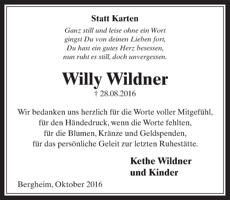  Traueranzeige für Willy Wildner vom 12.10.2016 aus  Werbepost 