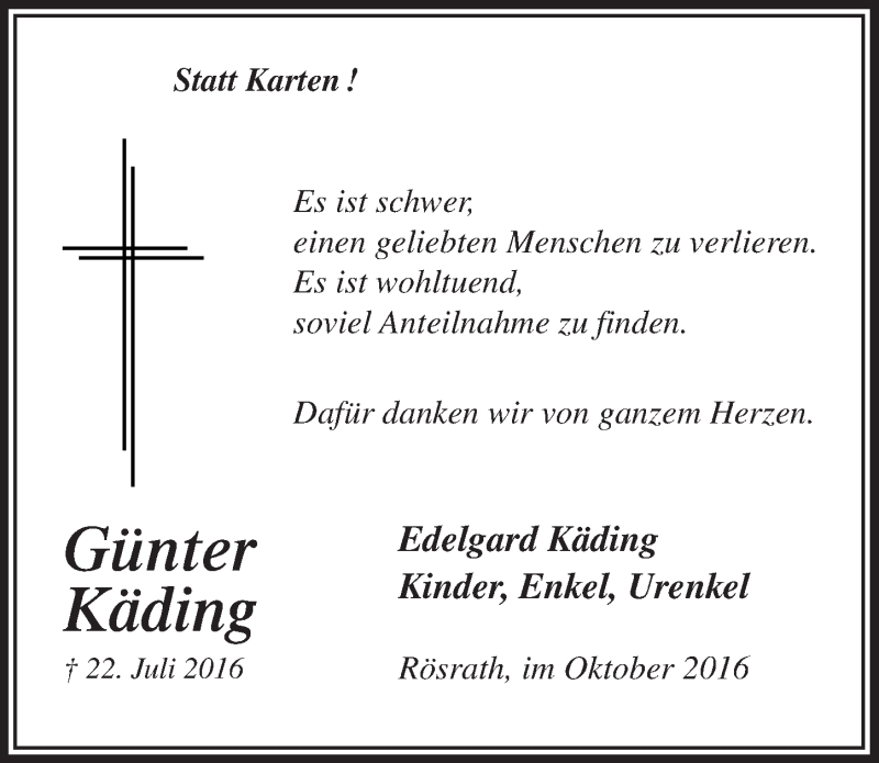  Traueranzeige für Günter Käding vom 12.10.2016 aus  Bergisches Handelsblatt 