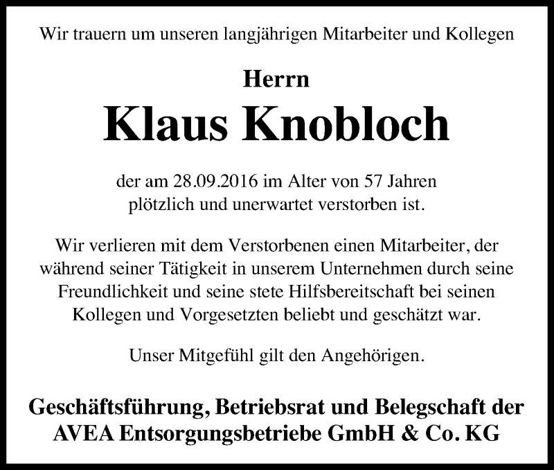  Traueranzeige für Klaus Knobloch vom 25.10.2016 aus Kölner Stadt-Anzeiger / Kölnische Rundschau / Express