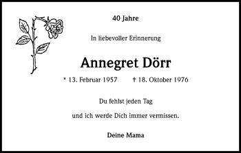 Anzeige von Annegret Dörr von Kölner Stadt-Anzeiger / Kölnische Rundschau / Express