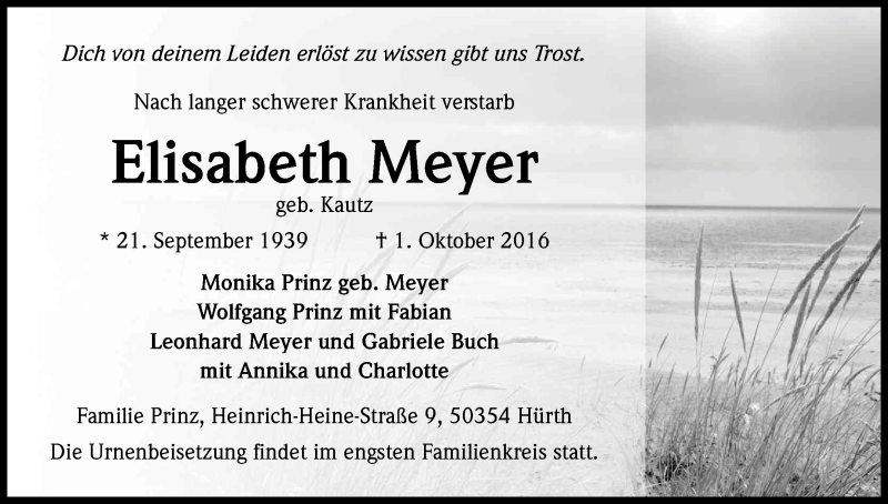  Traueranzeige für Elisabeth Meyer vom 08.10.2016 aus Kölner Stadt-Anzeiger / Kölnische Rundschau / Express