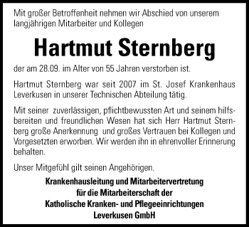 Anzeige von Hartmut Sternberg von Kölner Stadt-Anzeiger / Kölnische Rundschau / Express