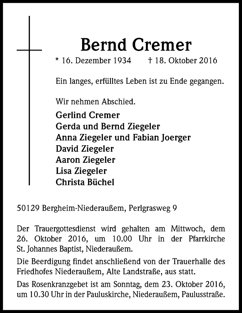  Traueranzeige für Bernd Cremer vom 22.10.2016 aus Kölner Stadt-Anzeiger / Kölnische Rundschau / Express
