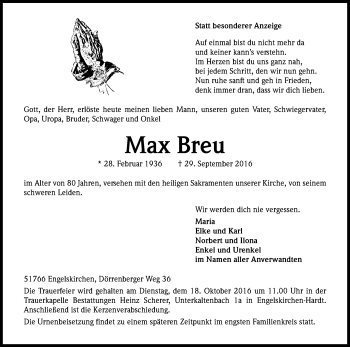 Anzeige von Max Breu von Kölner Stadt-Anzeiger / Kölnische Rundschau / Express