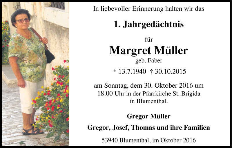  Traueranzeige für Margret Müller vom 22.10.2016 aus Kölner Stadt-Anzeiger / Kölnische Rundschau / Express