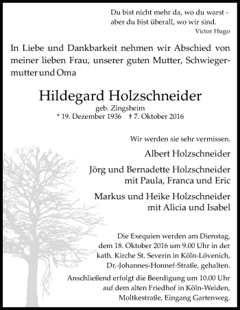 Anzeige von Hildegard Holzschneider von Kölner Stadt-Anzeiger / Kölnische Rundschau / Express