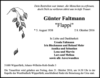 Anzeige von Günter Faltmann von Kölner Stadt-Anzeiger / Kölnische Rundschau / Express
