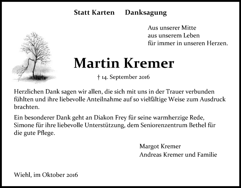  Traueranzeige für Martin Kremer vom 08.10.2016 aus Kölner Stadt-Anzeiger / Kölnische Rundschau / Express