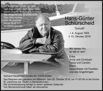 Anzeige von Hans-Günter Schlürscheid von Kölner Stadt-Anzeiger / Kölnische Rundschau / Express