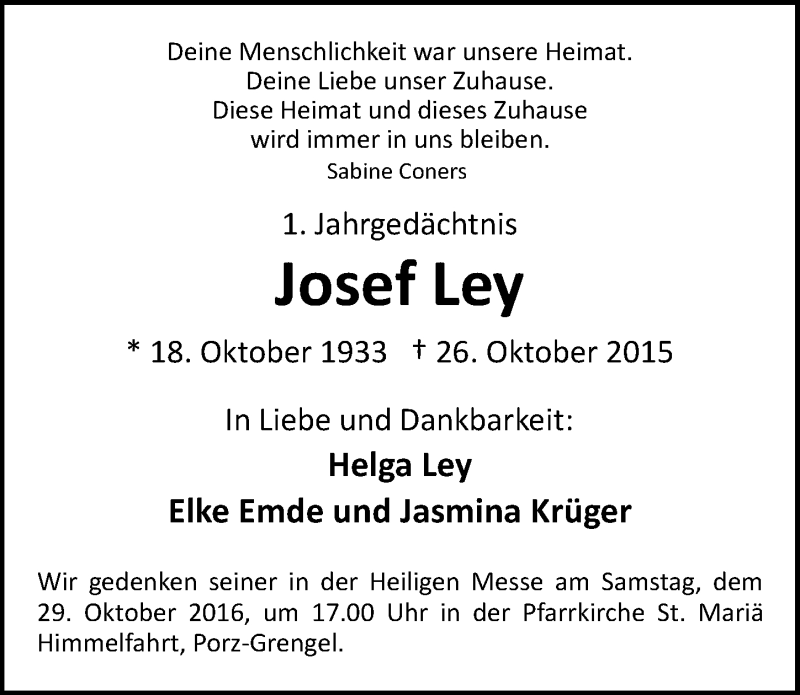  Traueranzeige für Josef Ley vom 26.10.2016 aus  Kölner Wochenspiegel 