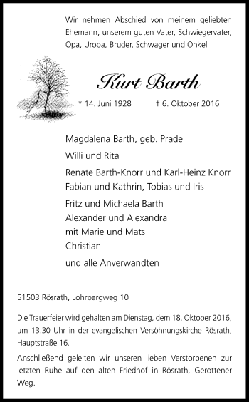 Anzeige von Kurt Barth von Kölner Stadt-Anzeiger / Kölnische Rundschau / Express