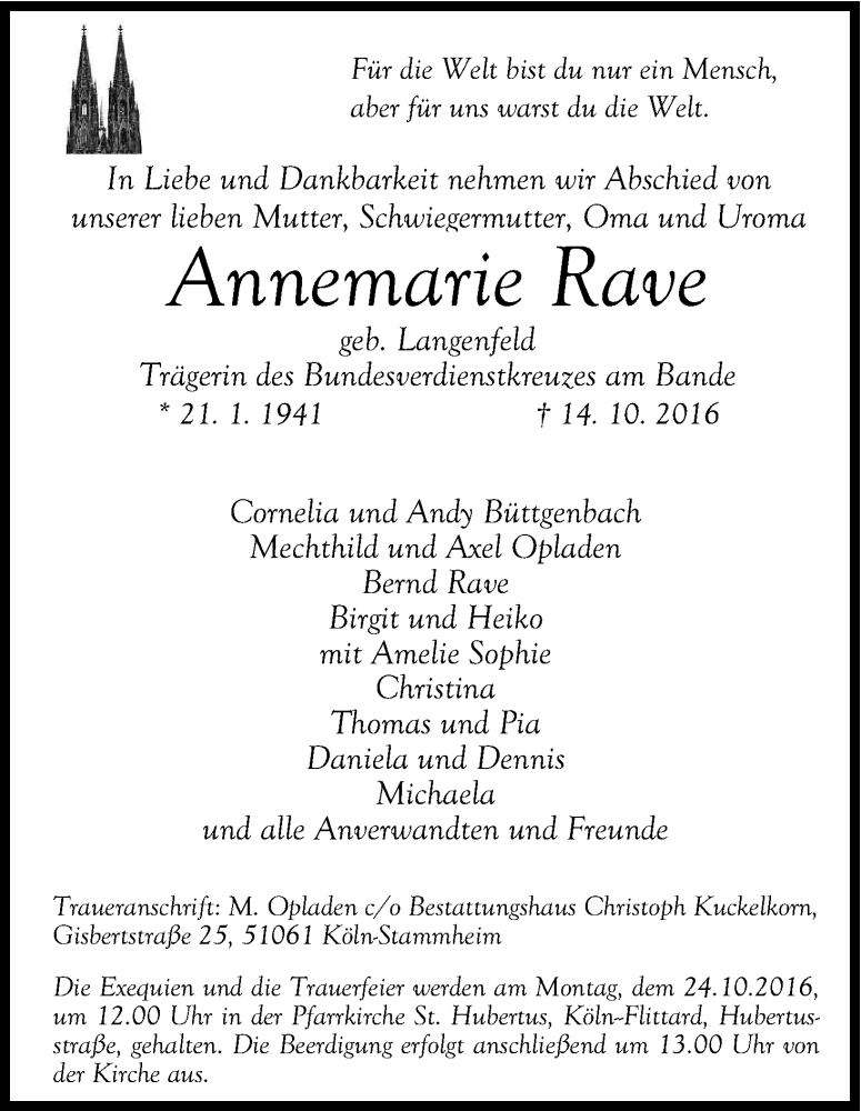  Traueranzeige für Annemarie Rave vom 20.10.2016 aus Kölner Stadt-Anzeiger / Kölnische Rundschau / Express