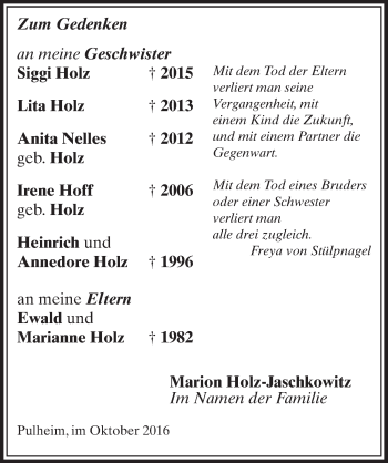 Anzeige von Siggi/Lita/Anita/Irene/Heinrich/Annedore Holz von  Sonntags-Post 