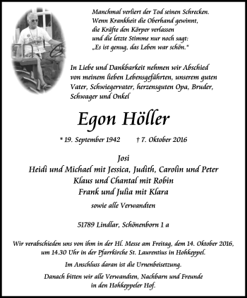 Anzeige von Egon Höller von Kölner Stadt-Anzeiger / Kölnische Rundschau / Express