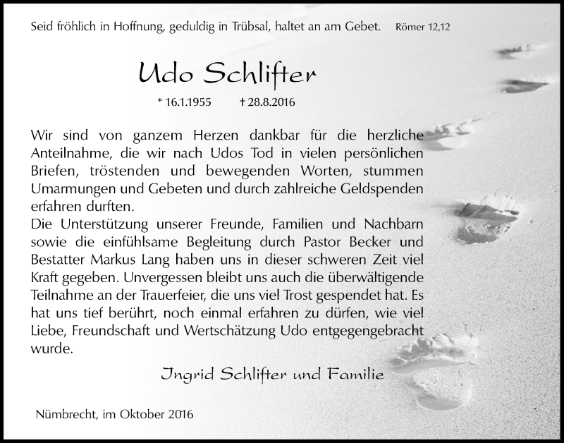 Traueranzeige für Udo Schlifter vom 12.10.2016 aus  Lokalanzeiger 