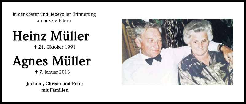  Traueranzeige für Heinz und Agnes Müller vom 21.10.2016 aus Kölner Stadt-Anzeiger / Kölnische Rundschau / Express