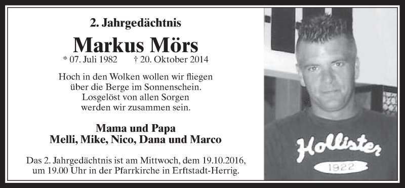  Traueranzeige für Markus Mörs vom 15.10.2016 aus  Sonntags-Post 