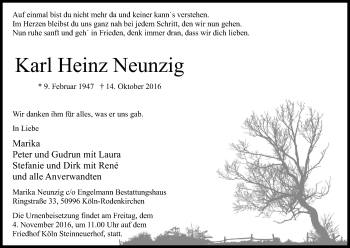 Anzeige von Karl Heinz Neunzig von Kölner Stadt-Anzeiger / Kölnische Rundschau / Express