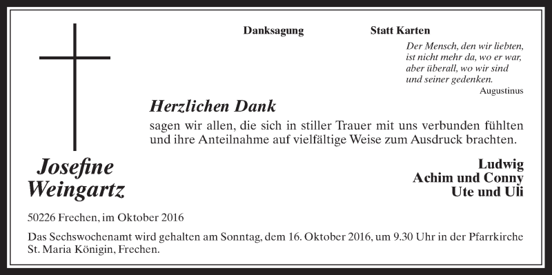  Traueranzeige für Josefine Weingartz vom 12.10.2016 aus  Wochenende 