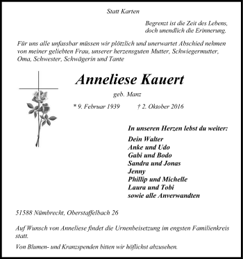 Anzeige von Anneliese Kauert von Kölner Stadt-Anzeiger / Kölnische Rundschau / Express