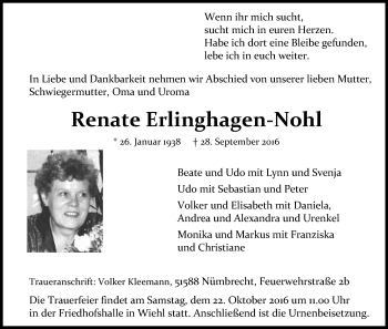 Anzeige von Renate Erlinghagen-Nohl von Kölner Stadt-Anzeiger / Kölnische Rundschau / Express