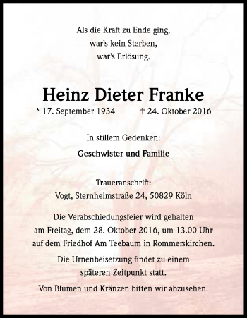 Anzeige von Heinz Dieter Franke von Köln - Wir Trauern