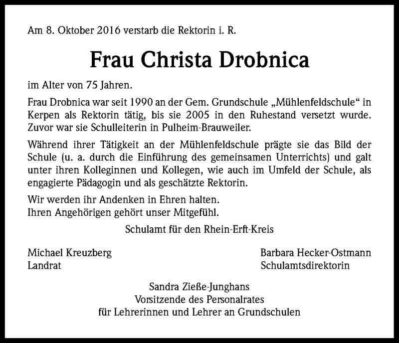 Traueranzeige für Christa Drobnica vom 15.10.2016 aus Kölner Stadt-Anzeiger / Kölnische Rundschau / Express
