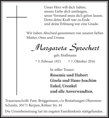 Anzeige von Margareta Sprechert von  Sonntags-Post 