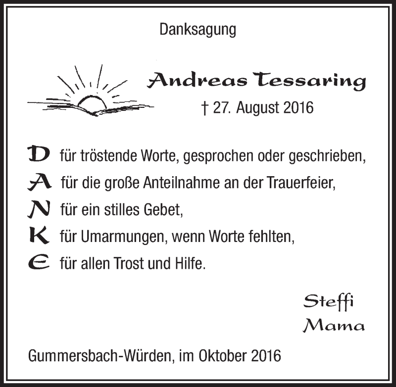  Traueranzeige für Andreas Tessaring vom 12.10.2016 aus  Anzeigen Echo 