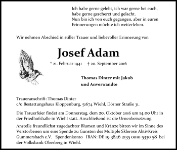 Anzeige von Josef Adam von Kölner Stadt-Anzeiger / Kölnische Rundschau / Express